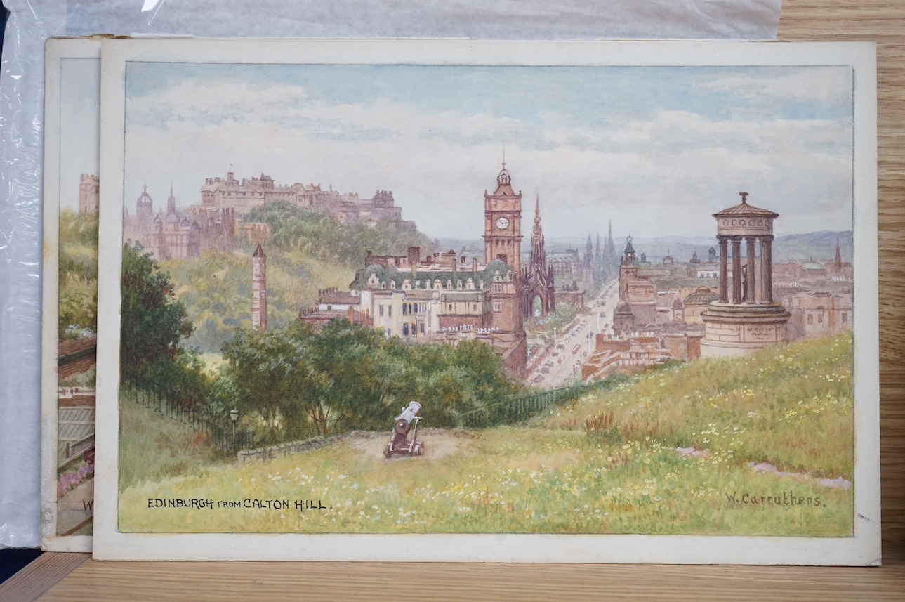 William Affleck, (Aka Carruthers, 1868-1943), a set of six original watercolours for post card designs, Edinburgh scenes to include; ‘Holyrood Place’, ‘Edinburgh Castle’, ‘Scottish National War Memorial’ and ‘Princes Str